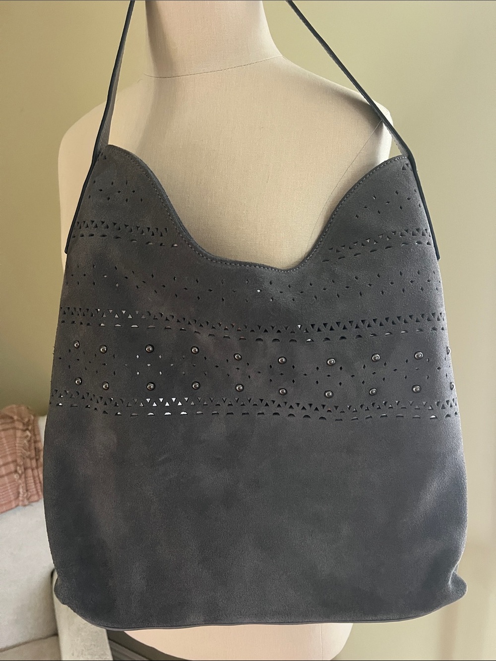 Sundance Gray Suede Perforated Shoulder Hobo Bag with Grommets New Fall oversize
